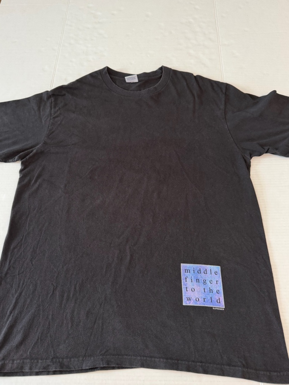Supreme Black Short-Sleeve Tee with Blue Text Patch